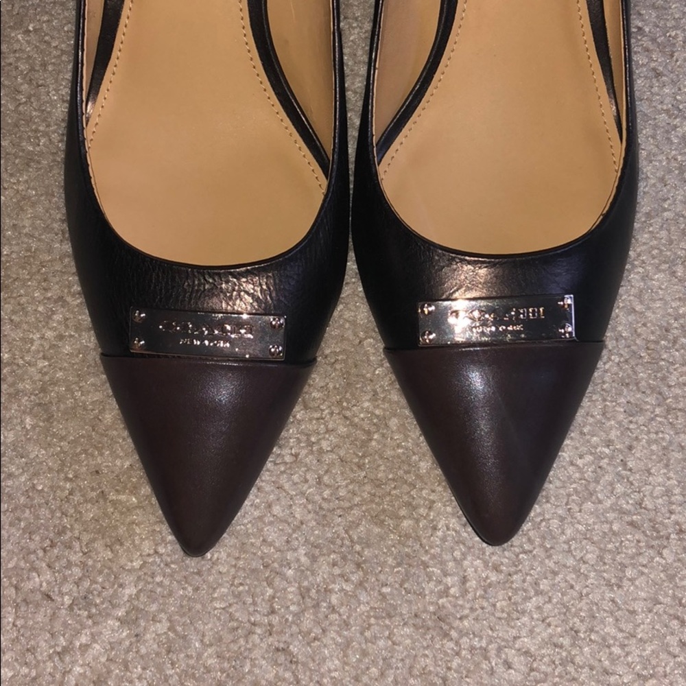 Coach Heels, Deep metallic brown with black toe cap. Size 7